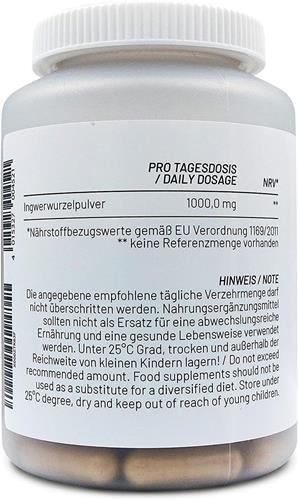 Picture of Ginger Capsules, 120 capsules with 500mg ginger powder per capsule (= 1000mg ginger daily dose), highly dosed and ground, extra germ reduced, Gingerol and Shogaol, made in Germany