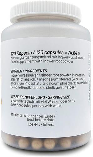 Picture of Ginger Capsules, 120 capsules with 500mg ginger powder per capsule (= 1000mg ginger daily dose), highly dosed and ground, extra germ reduced, Gingerol and Shogaol, made in Germany