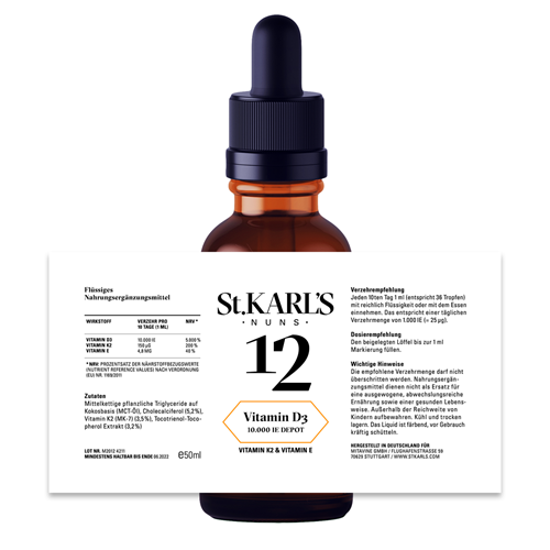 Bild von St. Karl's Nuns 12 - Vitamin D3 Depot 10.000 IE & Vitamin K2 (Mk-7) & Vitamin E - 50 ml