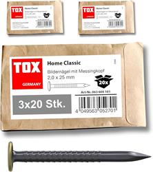 Bild von TOX Bildernagel Home Classic aus gehärtetem Stahl mit Messingkopf in recycelbarer Papierverpackung, Größe 2,0 x 25 mm, Stahlnägel für Bilder für nahezu alle Baustoffe, 3x 20 Stk., 063600101