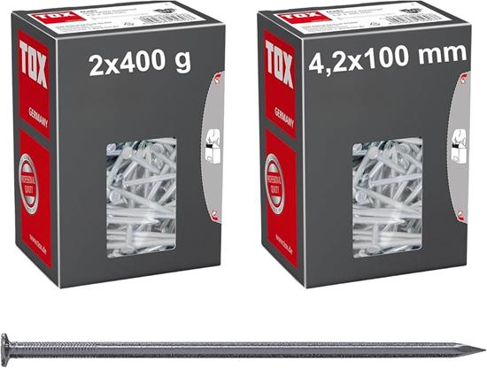 Bild von TOX Drahtstifte Nails 4,2x100 mm mit Senkkopf für einfache Holzverbindungen und ebene Flächen, universelle Einsatzmöglichkeit im Innen- und Außenbereich, blanker Stahl, 2x 400 g im Karton, 063100112