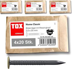 Bild von TOX Bildernagel Home Classic aus gehärtetem Stahl mit Messingkopf in recycelbarer Papierverpackung, Größe 2,0 x 20 mm, Stahlnägel für Bilder für nahezu alle Baustoffe, 4x 20 Stk., 063600100