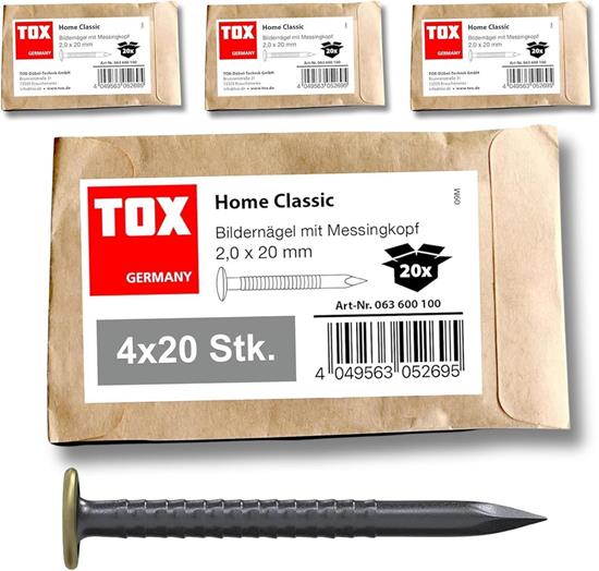 Bild von TOX Bildernagel Home Classic aus gehärtetem Stahl mit Messingkopf in recycelbarer Papierverpackung, Größe 2,0 x 20 mm, Stahlnägel für Bilder für nahezu alle Baustoffe, 4x 20 Stk., 063600100