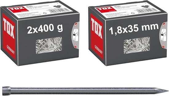 Bild von TOX Drahtstifte Nails 1,8x35 mm mit Stauchkopf für beinahe unsichtbare Befestigungen in Holz, universelle Einsatzmöglichkeit im Innen- und Außenbereich, blanker Stahl, 2x 400 g im Karton, 063100203