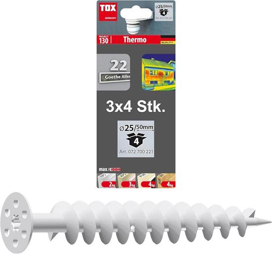 Bild von TOX Dämmstoffdübel Thermo 50 mm, Dübel für Dämmstoff ohne Vorbohren oder Spezialwerkzeug, verhindert Wärmebrücken, für EPS 20, XPS 20, PUR und Holzfaserplatten, 3x 4 Stück im Blister, 072700221