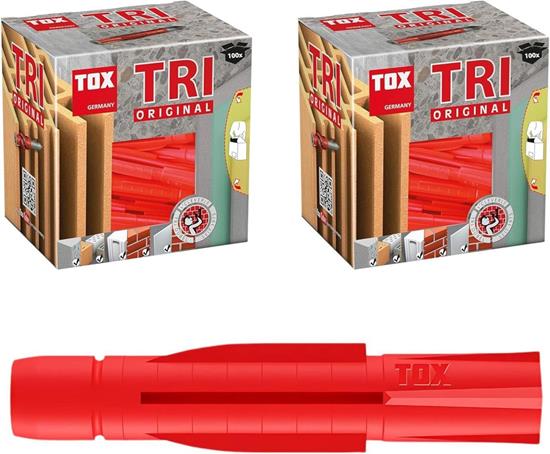 Bild von TOX Allzweckdübel TRI 5x31 mm, zuverlässige Befestigung in fast allen Baustoffen, Vor- und Durchsteckmontage, Dübel verknotet oder spreizt je nach Erfordernis, 2x100 Stk. im Karton, 010100021