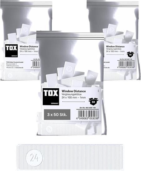 Bild von TOX Window Distance Verglasungsklötze Set, Distanzklötze aus Kunststoff, belastbar bis 3 Tonnen,Gr 24 x 100 x 1 mm, 3 Beutel x 50 Stk