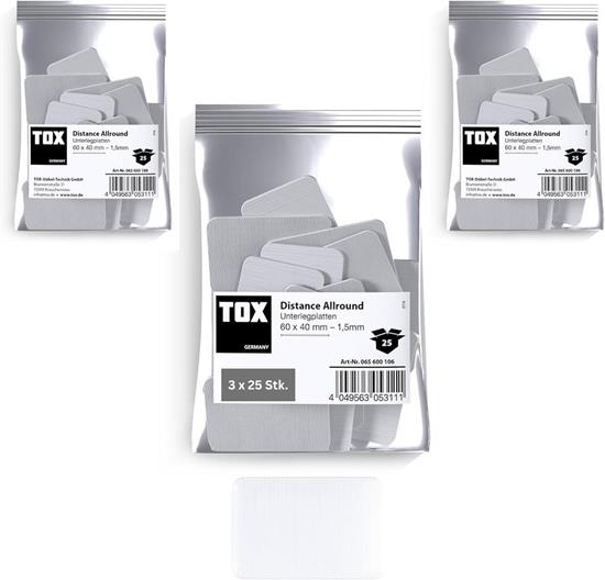 Bild von TOX Distance Allround Unterlegplatten Set, Ausgleichsplatten aus Kunststoff, belastbar bis 5 Tonnen, Polypropylen, 60 x 40 x 1,5 mm, 3 Beutel x 25 Stk