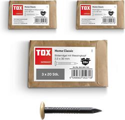 Bild von TOX Bildernagel Home Classic Set aus gehärtetem Stahl mit Messingkopf in recycelbarer Papierverpackung, Größe 2,0 x 30 mm, Stahlnägel für Bilder für nahezu alle Baustoffe,3x20 Stk.