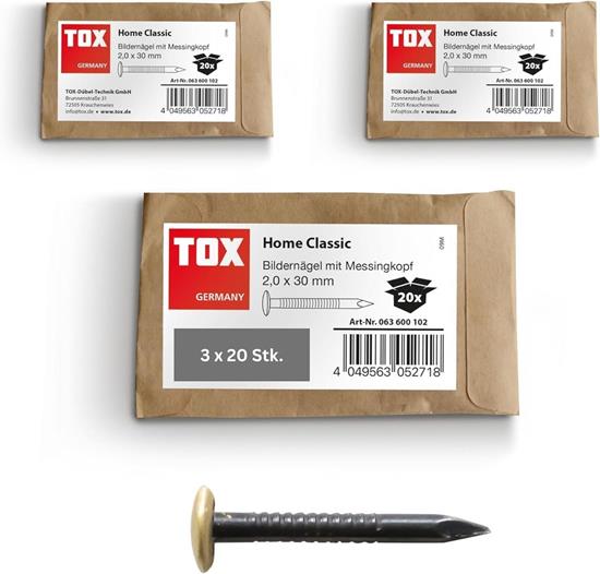 Bild von TOX Bildernagel Home Classic Set aus gehärtetem Stahl mit Messingkopf in recycelbarer Papierverpackung, Größe 2,0 x 30 mm, Stahlnägel für Bilder für nahezu alle Baustoffe,3x20 Stk.