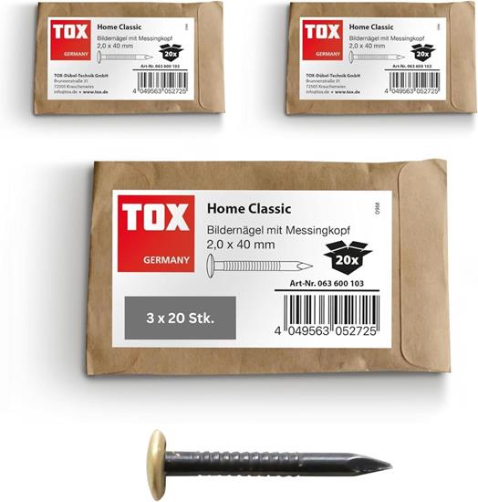 Bild von TOX Bildernagel Home Classic Set aus gehärtetem Stahl mit Messingkopf in recycelbarer Papierverpackung, Gr 2,0 x 40 mm, Stahlnägel für Bilder für nahezu alle Baustoffe, 3x20 Stk.