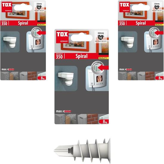 Bild von TOX Gipskartondübel Spiral Set 32mm, glasfaserverstärkt, für einlagige Gipskartonplatten, kein Vorbohren, hohe Tragkraft bis 8kg je Befestigungspunkt, verstärkte Bohrspitze,3x 10 Stück