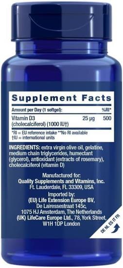 Bild von Life Extension - Vitamin D3 25 mcg (1000 IU) - 2x 90 Softgels