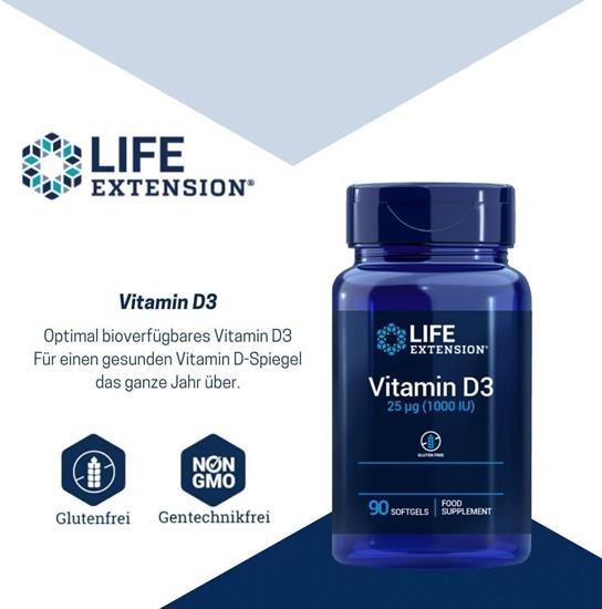 Bild von Life Extension - Vitamin D3 25 mcg (1000 IU) - 2x 90 Softgels