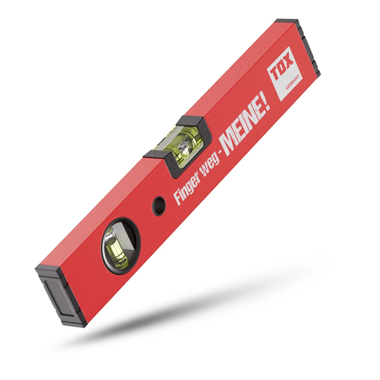 Bild von TOX Wasserwaage 30 cm, rot mit Aufdruck „Finger weg – MEINE“, horizontale und vertikale Libellen, aus Aluminium mit Pulverbeschichtung und stoßfesten Gummikappen, 1 Stück, 09790014