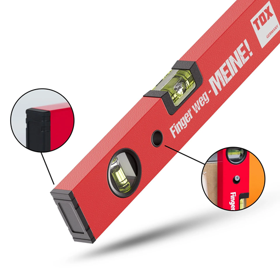 Bild von TOX Wasserwaage 30 cm, rot mit Aufdruck „Finger weg – MEINE“, horizontale und vertikale Libellen, aus Aluminium mit Pulverbeschichtung und stoßfesten Gummikappen, 1 Stück, 09790014