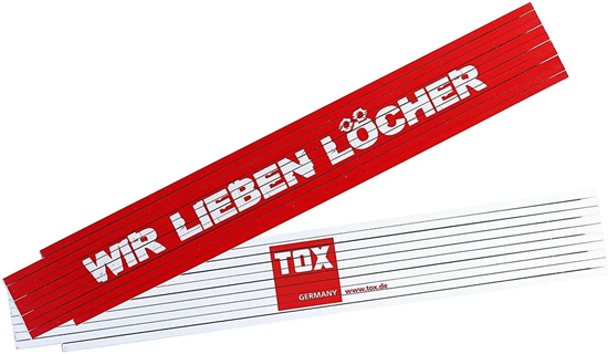 Bild von TOX 09969001 Meterstab 2 mtr. rot/weiß, mit Aufdruck: wir lieben Löcher, Gliedermaßstab für Heim & Handwerker, 1 Stück Zollstock