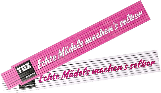 Bild von TOX 09969002 Meterstab 2 mtr. pink/weiß, mit Aufdruck Mädels machen´s selber, Gliedermaßstab für echte Powerfrauen, 1 Stück Zollstock