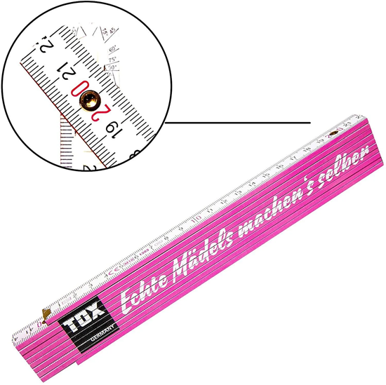Bild von TOX 09969002 Meterstab 2 mtr. pink/weiß, mit Aufdruck Mädels machen´s selber, Gliedermaßstab für echte Powerfrauen, 1 Stück Zollstock