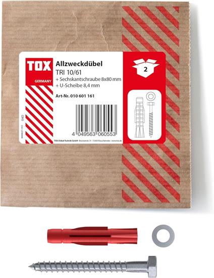 Bild von TOX 10x61 mm Allzweckdübel TRI Schraube, Dübel für zuverlässige Befestigungen in Fast Allen Baustoffen, 2 Stück in Einer wiederverschließbaren und umweltschonenden Papierverpackung, 010601161, Rot