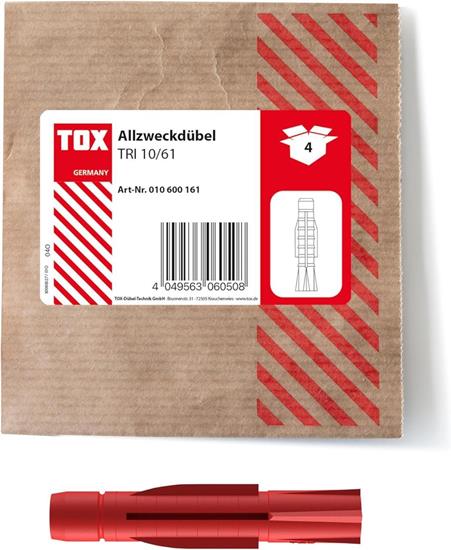Bild von TOX 10x61 mm, Allzweckdübel TRI, Dübel für zuverlässige Befestigungen in Fast Allen Baustoffen, 4 Stück in Einer wiederverschließbaren und umweltschonenden Papierverpackung, 010600161, Rot