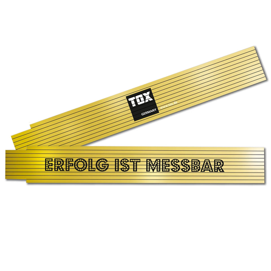 Bild von TOX Zollstock 2m in gelb - Meterstab mit Aufdruck Erfolg ist Messbar - Gliedermaßstab aus Buchenholz mit Winkelmessfunktion und farbigen Dezimalzahlen - Genauigkeitsklasse III - 9969005-1 Stück, Gold