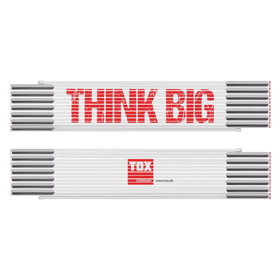 Bild von TOX Zollstock 3m in Weiß - Meterstab mit Aufdruck „THINK BIG“ - elastischer Gliedermaßstab aus Glasbirke mit roten Enden und Dezimalzahlen - Genauigkeitsklasse III, 1 Stück, 09969008/T