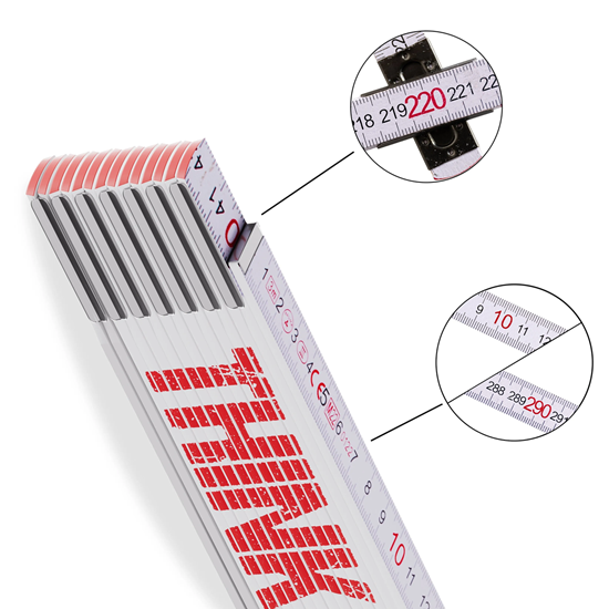 Bild von TOX Zollstock 3m in Weiß - Meterstab mit Aufdruck „THINK BIG“ - elastischer Gliedermaßstab aus Glasbirke mit roten Enden und Dezimalzahlen - Genauigkeitsklasse III, 1 Stück, 09969008/T