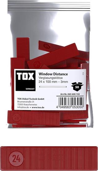 Bild von TOX Window Distance Verglasungsklötze, Distanzklötze aus Kunststoff, belastbar bis 3 Tonnen, Polypropylen, 24 x 100 x 3 mm, 1 Beutel, 50 Stk., 065600102