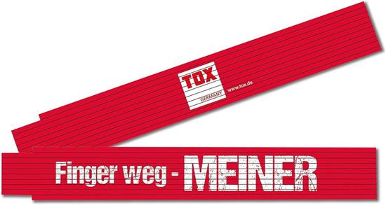 Bild von TOX Zollstock 2m in rot - Meterstab mit Aufdruck Finger Weg Meiner - Gliedermaßstab aus Buchenholz mit Winkelmessfunktion und farbigen Dezimalzahlen - Genauigkeitsklasse III - 9969006-1 Stück