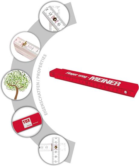 Bild von TOX Zollstock 2m in rot - Meterstab mit Aufdruck Finger Weg Meiner - Gliedermaßstab aus Buchenholz mit Winkelmessfunktion und farbigen Dezimalzahlen - Genauigkeitsklasse III - 9969006-1 Stück