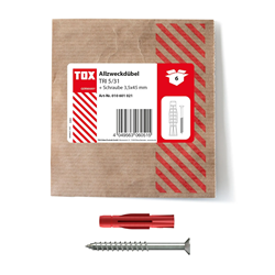 Picture of TOX 5x31 mm Allzweckdübel TRI Schraube, Dübel für zuverlässige Befestigungen in Fast Allen Baustoffen, 6 Stück in Einer wiederverschließbaren und umweltschonenden Papierverpackung, 010601021, Rot