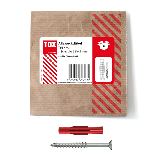 Bild von TOX 5x31 mm Allzweckdübel TRI Schraube, Dübel für zuverlässige Befestigungen in Fast Allen Baustoffen, 6 Stück in Einer wiederverschließbaren und umweltschonenden Papierverpackung, 010601021, Rot