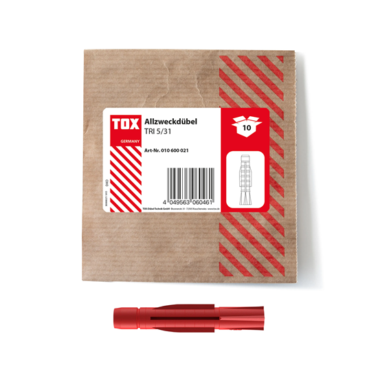 Bild von TOX 5x31 mm, Allzweckdübel TRI, Dübel für zuverlässige Befestigungen in Fast Allen Baustoffen, 10 Stück in Einer wiederverschließbaren und umweltschonenden Papierverpackung, 010600021, Rot