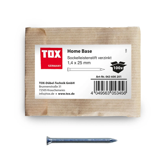 Bild von TOX 63600201 Home Base Sockelleistenstifte blau verzinkt mit tiefem Senkkopf in recycelbarer Papierverpackung, zur Befestigung von Sockelleisten, Lattungen, Holz uvm, 100 Stk, Silber, 1,4 x 25 mm
