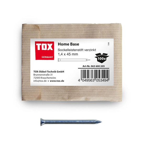 Bild von TOX 63600205 Home Base Sockelleistenstifte blau verzinkt mit tiefem Senkkopf in recycelbarer Papierverpackung, zur Befestigung von Sockelleisten, Lattungen, Holz uvm, 100 Stk, Silber, 1,4 x 45 mm