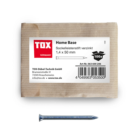 Bild von TOX 63600206 Home Base Sockelleistenstifte blau verzinkt mit tiefem Senkkopf in recycelbarer Papierverpackung, zur Befestigung von Sockelleisten, Lattungen, Holz uvm, 100 Stk, Silber, 1,4 x 50 mm