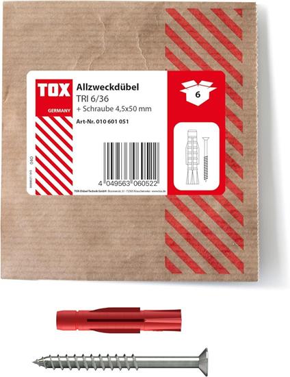 Bild von TOX 6x36 mm Allzweckdübel TRI Schraube, Dübel für zuverlässige Befestigungen in Fast Allen Baustoffen, 6 Stück in Einer wiederverschließbaren und umweltschonenden Papierverpackung, 010601051, Rot