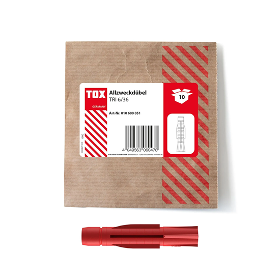 Bild von TOX 6x36 mm, Allzweckdübel TRI, Dübel für zuverlässige Befestigungen in Fast Allen Baustoffen, 10 Stück in Einer wiederverschließbaren und umweltschonenden Papierverpackung, 010600051, Rot