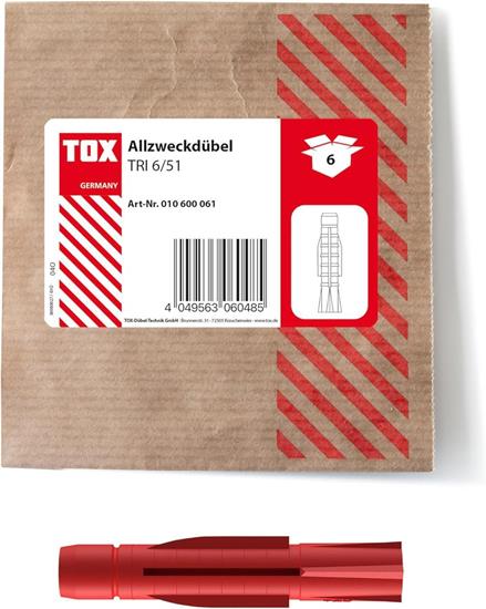 Bild von TOX 6x51 mm, Allzweckdübel TRI, Dübel für zuverlässige Befestigungen in Fast Allen Baustoffen, 6 Stück in Einer wiederverschließbaren und umweltschonenden Papierverpackung, 010600061, Rot