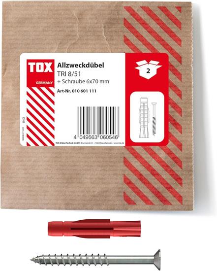Bild von TOX 8x51 mm Allzweckdübel TRI Schraube, Dübel für zuverlässige Befestigungen in Fast Allen Baustoffen, 2 Stück in Einer wiederverschließbaren und umweltschonenden Papierverpackung, 010601111, Rot