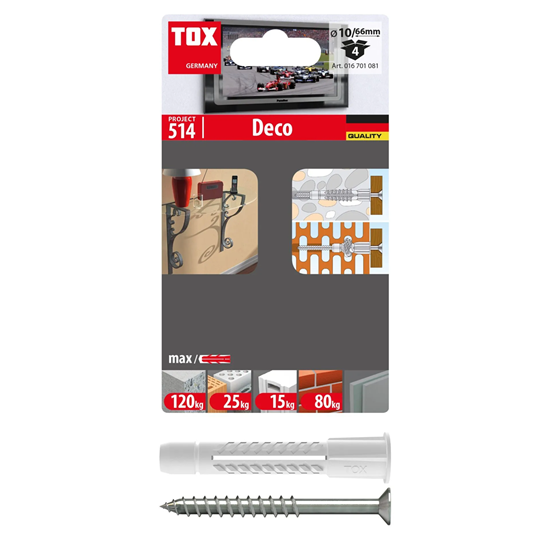 Bild von TOX Allzweckdübel mit Kragen Deco 10/66 + S, Dübel inkl. Schraube, für Befestigungen in nahezu allen Baustoffen, 4 Stück im Blister, 016701081