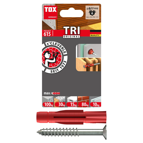 Bild von TOX Allzweckdübel TRI 8 x 51 mm + Schraube, zuverlässige Befestigung in fast allen Baustoffen, Vor- und Durchsteckmontage, Dübel verknotet oder spreizt automatisch, 6 Stück im Blister, 010701111