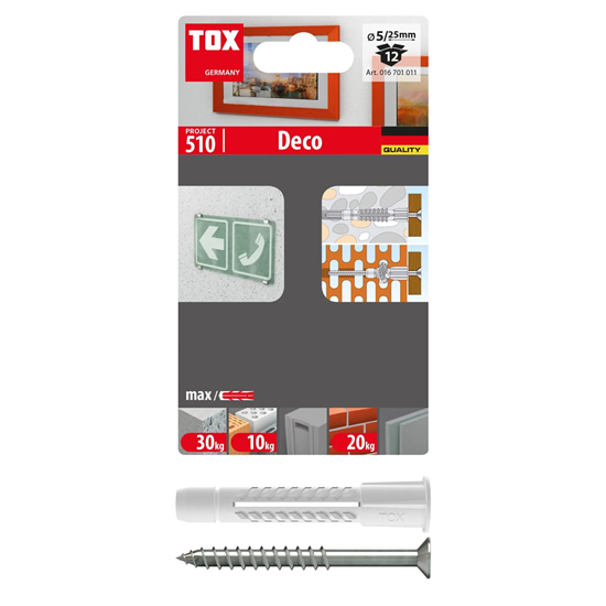 Bild von TOX Allzweckdübel mit Kragen Deco 5/25 + S, Dübel inkl. Schraube mit TX-Antrieb, für Befestigungen in nahezu allen Baustoffen, 12 Stück im Blister, 016701011