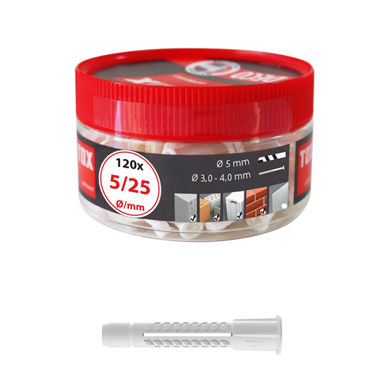 Bild von TOX Allzweckdübel mit Kragen Deco 5 x 25 mm in Runddose, Dübel für fast alle Baustoffe, 120 Stück, 016260011