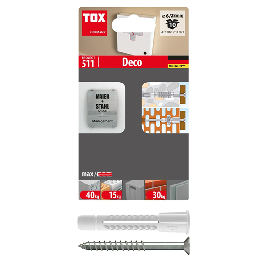 Bild von TOX Allzweckdübel mit Kragen Deco 6/28 + S, Dübel inkl. Schraube mit TX-Antrieb, für Befestigungen in nahezu allen Baustoffen, 10 Stück im Blister, 016701021