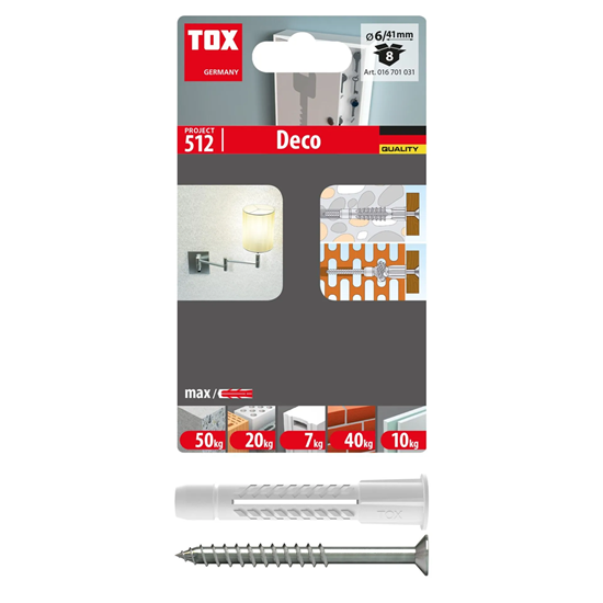 Bild von TOX Allzweckdübel mit Kragen Deco 6/41 + S, Dübel inkl. Schraube, für Befestigungen in nahezu allen Baustoffen, 8 Stück im Blister, 016701031