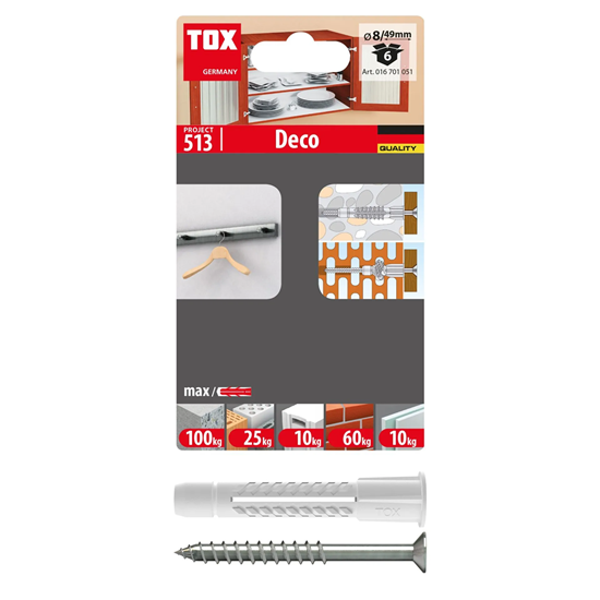 Bild von TOX Allzweckdübel mit Kragen Deco 8/49 + S, Dübel inkl. Schraube, für Befestigungen in nahezu allen Baustoffen, 6 Stück im Blister, 016701051