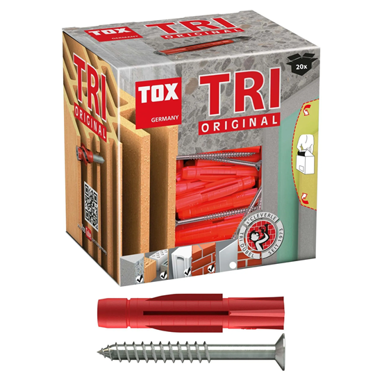 Bild von TOX Allzweckdübel TRI 10x61 mm + Schraube mit PZ-Antrieb im Karton, zuverlässige Befestigung in fast allen Baustoffen, Vor- und Durchsteckmontage, Dübel verknotet oder spreizt, 20 Stk., 010101281