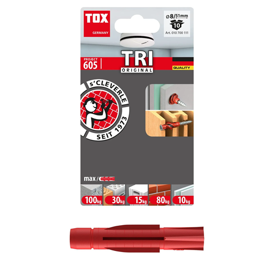 Bild von TOX Allzweckdübel TRI 8 x 51 mm, zuverlässige Befestigung in fast allen Baustoffen, Vor- und Durchsteckmontage, Dübel verknotet oder spreizt automatisch, 10 Stück im Blister, 010700111